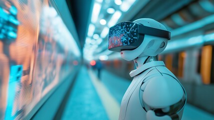 subway station, equipped with augmented reality displays and robotic assistants, serving as a hub for underground travel