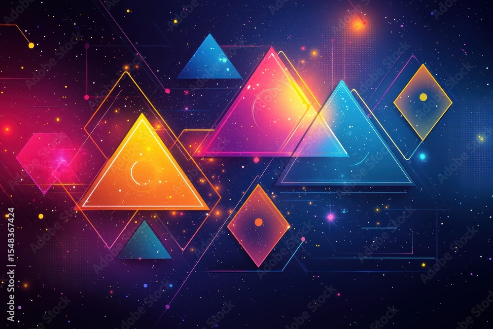 Poster abstract geometric design with colorful glowing triangles and shapes on dark background