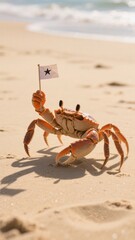 A charming crab proudly waves a flag with a star on a sandy beach, creating a whimsical and delightful scene with gentle waves in the background .