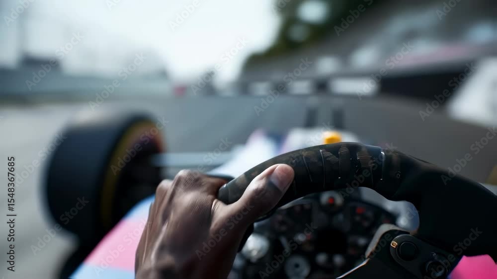 Poster professional race car driver navigating a challenging turn on a racetrack, demonstrating precision a