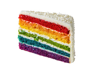 A slice of delicious rainbow layer cake with white frosting and sprinkles isolated on a white background.