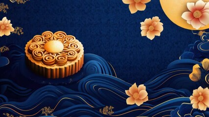A traditional moon cake with colorful flowers on a blue background, perfect for Asian-inspired designs or cultural celebrations