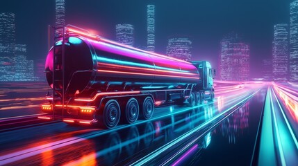 stylized gas tank truck driving along a futuristic highway, illuminated by neon lights against a dark urban backdrop