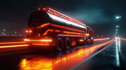Fototapeta premium stylized gas tank truck driving along a futuristic highway