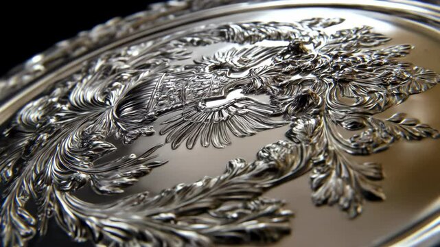 Detailed ornamentation with eagle design on silver surface close-up