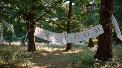Decorative banner in the forest with the word Freedom during a sunny day celebration