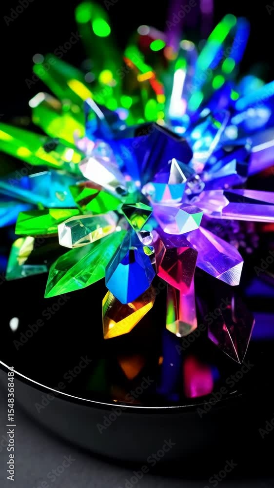 Poster close-up of a vibrant arrangement of angular translucent crystals displaying a full spectrum of colo