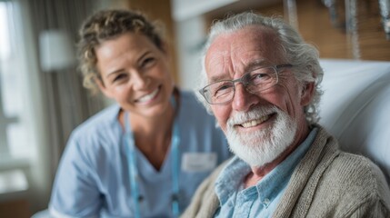 A nurse smiles warmly while standing next to an elderly patient in a hospital room. The atmosphere is friendly and supportive, highlighting their connection in a healthcare setting.