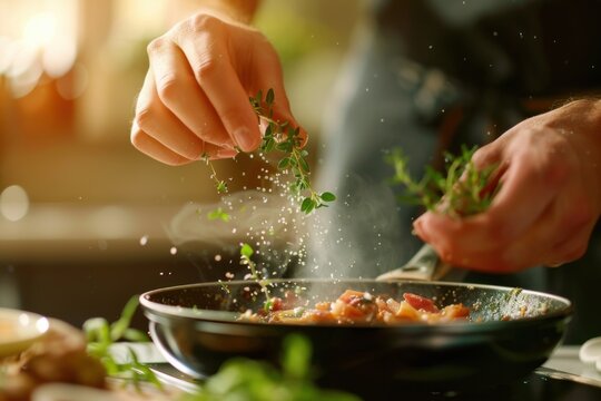 Cooking hands sprinkling oregano over steaming dish in warm kitchen tones during mid-action moment