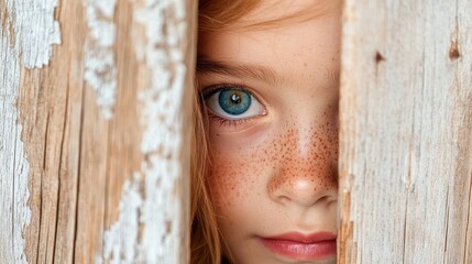 A close-up of a child's face peering through weathered wooden planks, showcasing striking blue eyes and freckles, capturing innocence and curiosity.