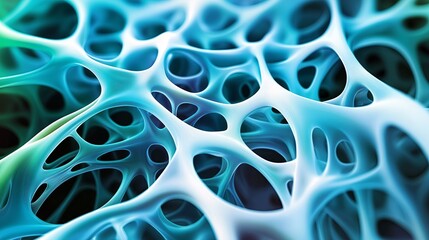 A close-up of a porous, sponge-like structure with intricate patterns and vibrant blue hues. The image highlights the complex and delicate nature of the material.