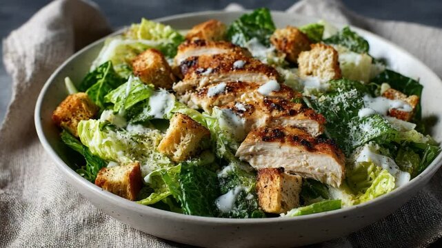 Close-up of a flavorful grilled chicken caesar salad, a delicious and healthy meal.