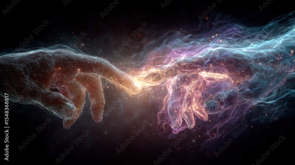Poster two hands are extending towards each other, surrounded by swirling cosmic energy and vibrant colors 