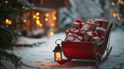 snowy village scene with a decorated sleigh filled with gifts