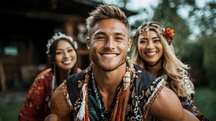 Obraz premium This lively photo captures three friends joyfully posing for a fun outdoor shot, celebrating friendship and adventure amidst a natural setting filled with life.