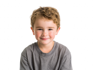 Studio headshot of a cute little boy with curly brown hair and a happy smile. Adorable child portrait isolated on a white background.