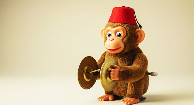 A cymbal monkey toy with a red fez on a plain background in a studio setting with soft lighting