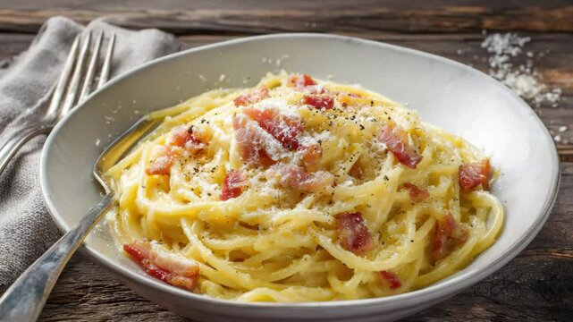 A beautifully plated spaghetti carbonara, a classic Italian pasta dish.