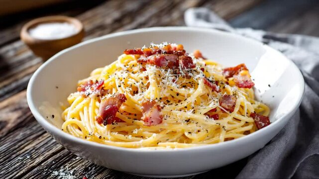 A close-up shot showcases a creamy spaghetti carbonara with crispy bacon and grated cheese.