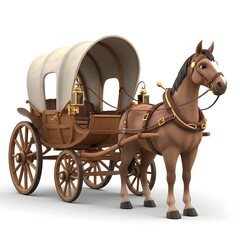 Fototapeta premium Animated Horse-drawn Wagon with Beige Canopy on White Background