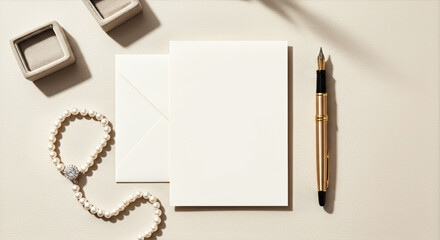 Blank invitation card and envelope with pen and decorative items  