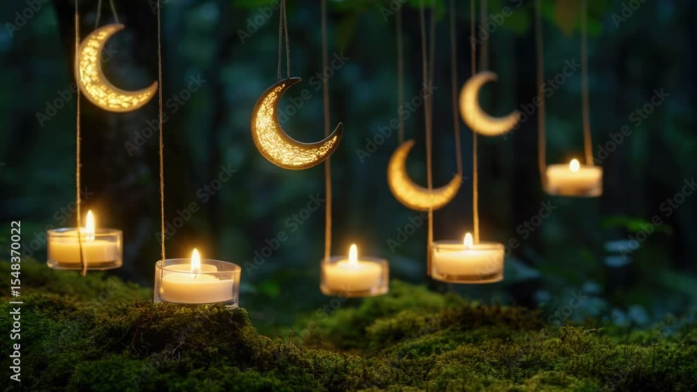 Poster A cluster of candles suspended from a tree branch, with warm lighting and rustic charm
