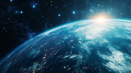 Obraz premium satellite orbiting a vibrant blue and green Earth, with glowing solar panels reflecting the sunlight and a backdrop of endless stars