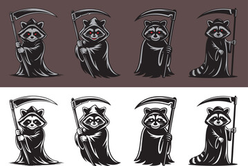 Evil Raccoon Grim Reaper Cartoon Set – Halloween Dark Mascot with Scythe © Mobasshara