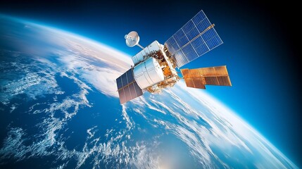 satellites fly against the background of the Earth in space