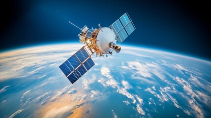 satellites fly against the background of the Earth in space