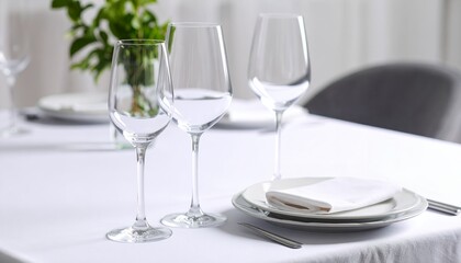Elegant table setting with wine glasses, plates, and a napkin, bathed in soft natural light.