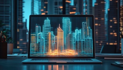 Cityscape projected on laptop screen
