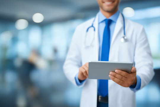Doctor interacting with tablet in contemporary medical office. Clean and professional environment with blurred patient area. Concept of healthcare, telemedicine, medical technology