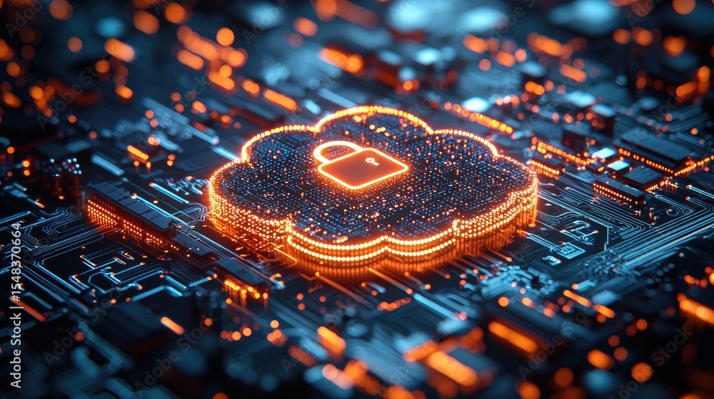 Poster cloud computing security depicted on a circuit board.