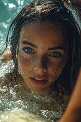 Fototapeta premium Young woman enjoying water activities with captivating expression in natural light