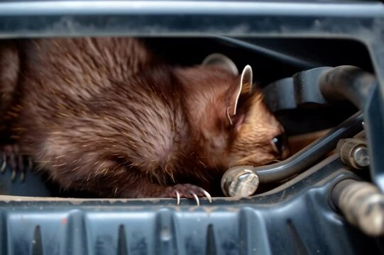 Marder sitzt im Motorraum eines Autos