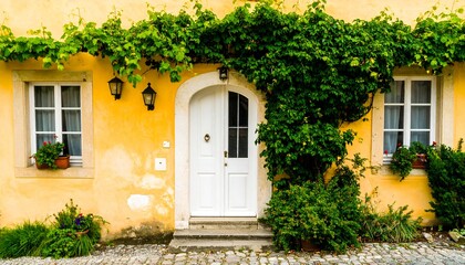 A charming facade of a building with a yellow wall, white door, windows and green vines, creating a picturesque European scene.