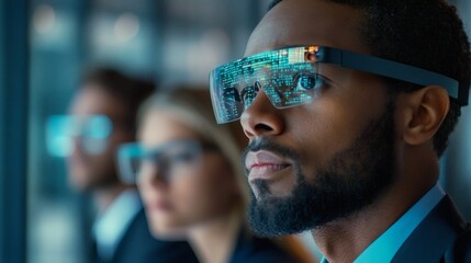 Visionary Leader: An executive wearing futuristic augmented reality glasses gazes confidently into the future, alongside a diverse team, embodying innovation, technology, and the essence of progress.