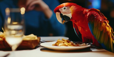 A Colorful Parrot Enjoying a Lavish Meal at a Table Surrounded by Gourmet Food and Friends