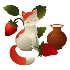 White cat with red spots, strawberry bush and clay jug with milk. Vector illustration isolated on white background.