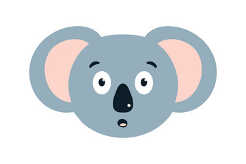 Stunned Koala with round eyes, mouth open in surprise. Australian Animal is Shocked. Gray bear. Children character for zoo. Simple, expressive emotion in emoji style. Flat design. Vector illustration