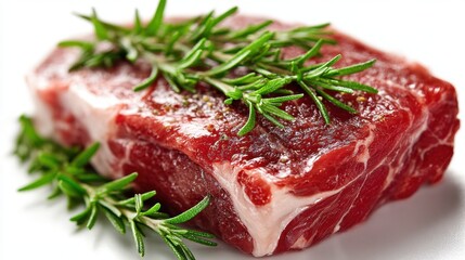 Fototapeta premium A piece of fresh red meat is placed on a white surface, beautifully garnished with sprigs of green herbs, ready for preparation in a contemporary kitchen environment.