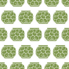 Glass jar full of olives. Seamless pattern. Vector illustration.