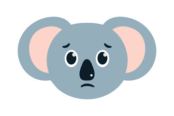 Koala with Sad Emotion. Marsupial gray Animal with melancholy. Australian bear Head. Wildlife character. Cartoon for icons, stickers, emoji, children books. Isolated. Flat design. Vector illustration