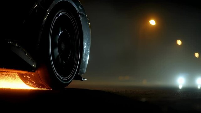 Glowing sparks flying from sports car tire during intense burnout, burning rubber against dark asphalt road illuminated by streetlights at night