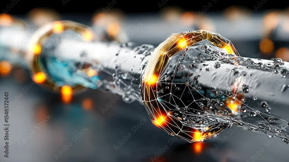Poster conceptual low-poly illustration of a high-tech oil pipeline with glowing grid overlay and liquid si