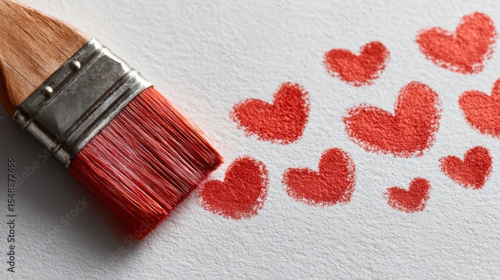 Poster a paintbrush coated in red paint is used to create a pattern of red hearts on textured white paper. 