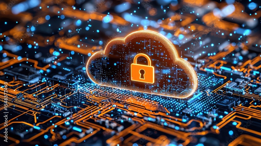 Poster secure cloud storage represented on a circuit board.