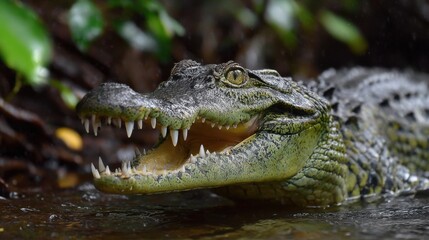 Fototapeta premium A crocodile is partially submerged in a river, its mouth open and teeth visible. Surrounded by green foliage, the scene captures a moment in a vibrant ecosystem during daytime.