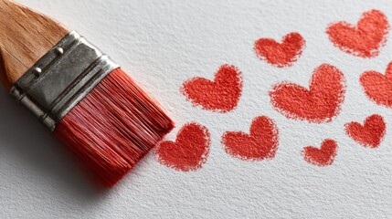 A paintbrush coated in red paint is used to create a pattern of red hearts on textured white paper. The artwork conveys a romantic and creative expression.
